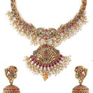 Yellow Chimes Necklace Set For Women And Girls Traditional Jewellery set for women Gold-Plated Temple Necklace Set Stone-Studded Necklace Set For Women & Girls